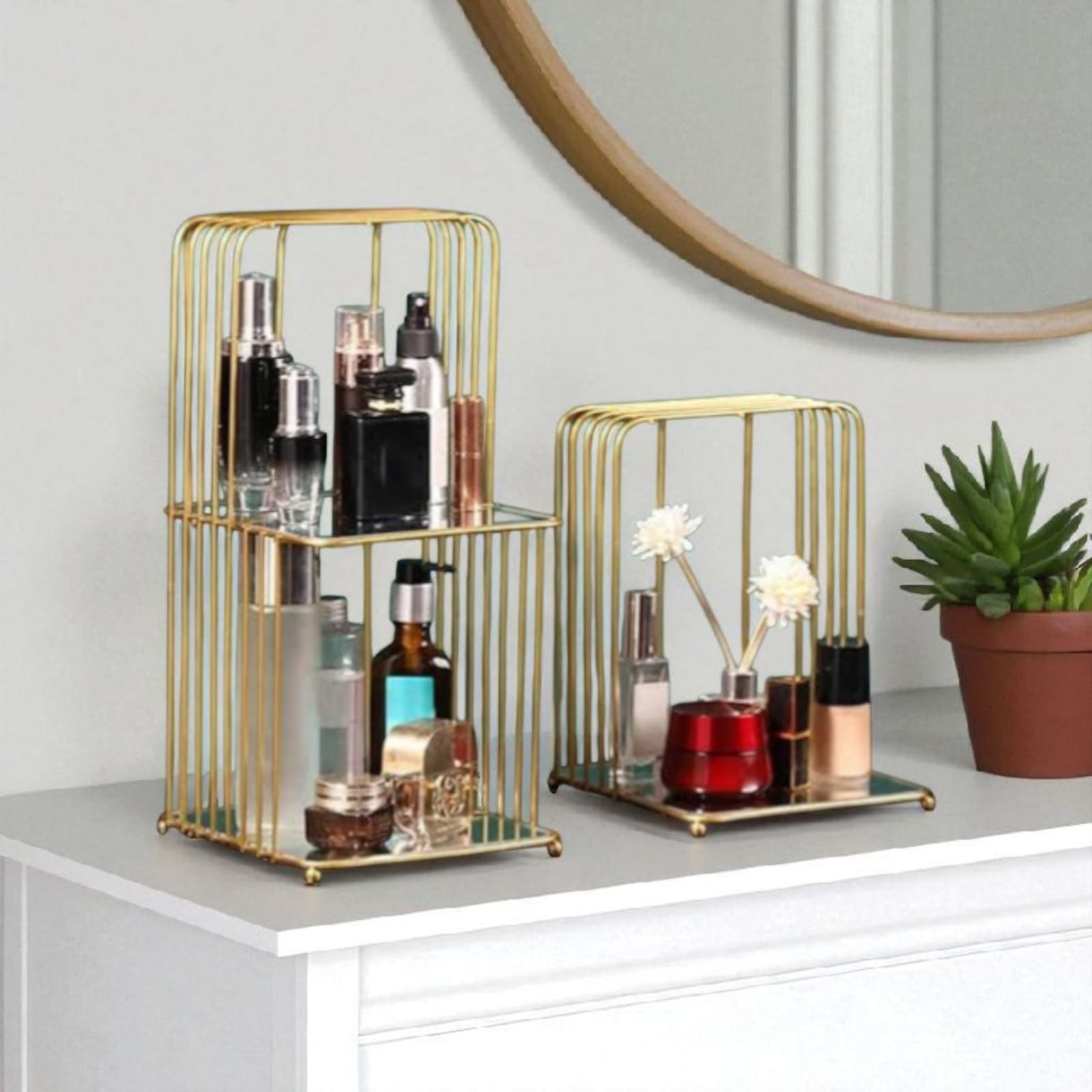 Gold Metal Cage Display Shelf/Organizer - Two Tier