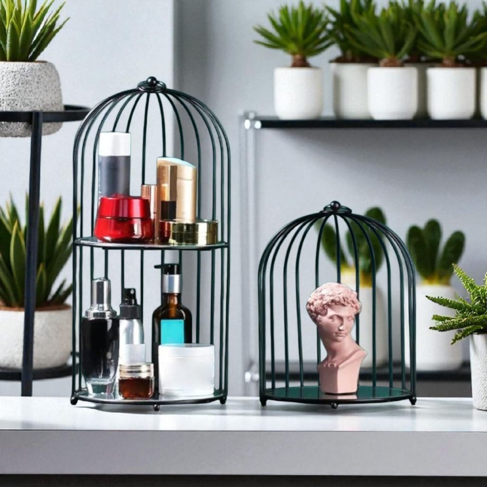Black Metal Cage Display Shelf/Organizer - Two Tier